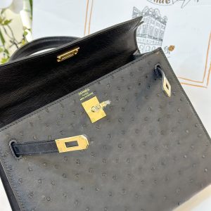 Hermes Kelly Ostrich Leather Replica Handbags Black Womens 25cm (2)