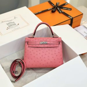Hermes Kelly Ostrich Leather Womens Pink Replica Bags 25cm (2)