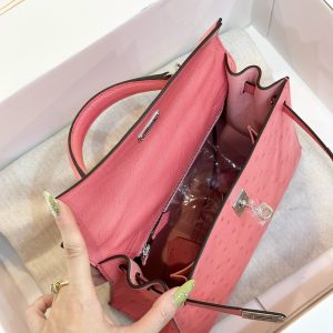 Hermes Kelly Ostrich Leather Womens Pink Replica Bags 25cm (2)