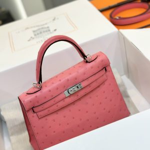 Hermes Kelly Ostrich Leather Womens Pink Replica Bags 25cm (2)