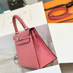 Hermes Kelly Ostrich Leather Womens Pink Replica Bags 25cm (2)