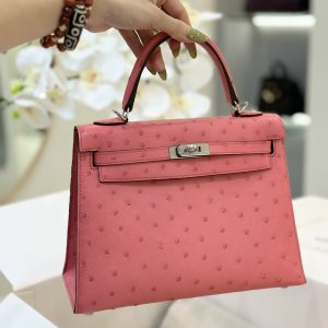 Hermes Kelly Ostrich Leather Womens Pink Replica Bags 25cm (2)
