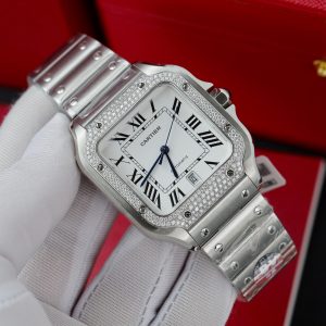 Cartier Santos Customs Moissanite Diamonds Bezel White Dial 39 (10)