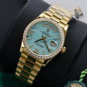 Rolex Day-Date 128238 Turquoise Dial Gold Wrapped Customs Moissanite Diamonds 36mm (1)