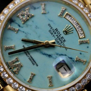 Rolex Day-Date 128238 Turquoise Dial Gold Wrapped Customs Moissanite Diamonds 36mm (1)