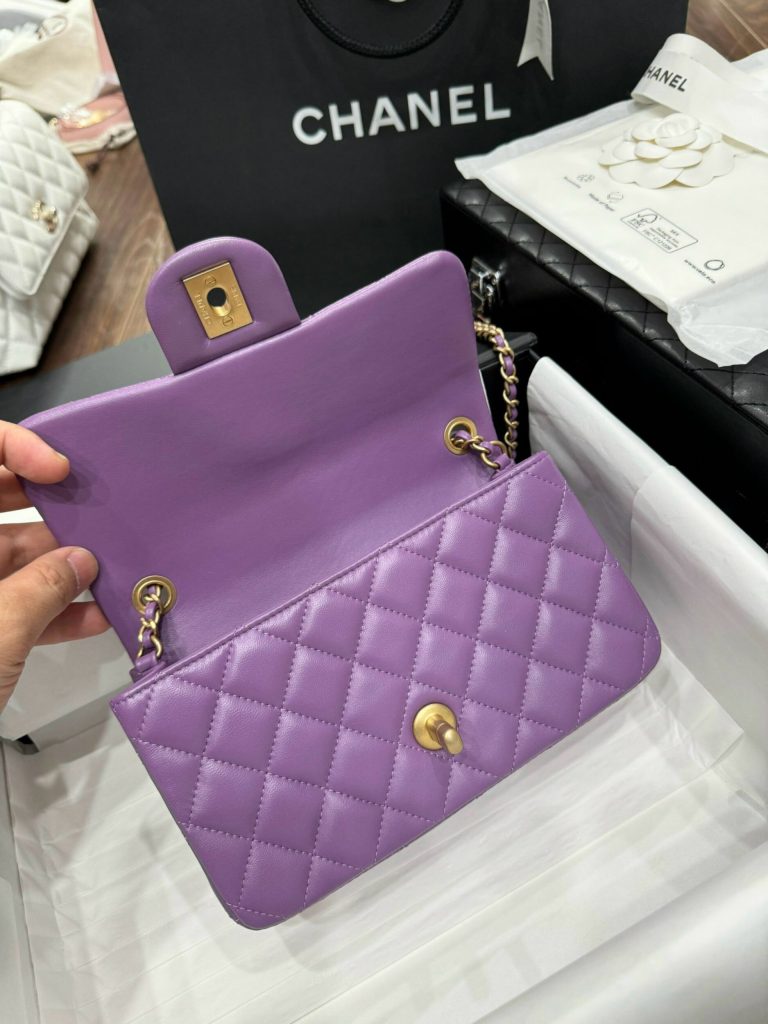 Chanel Classic Womens Purple Replica Bags Gold Buckle 20cm (2)