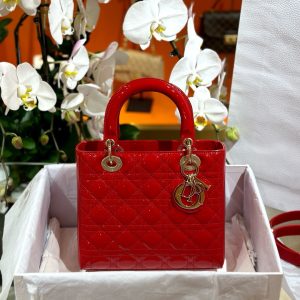 Dior Lady Best Replica Bags Womens Glossy Red Sheepskin 24cm (2)