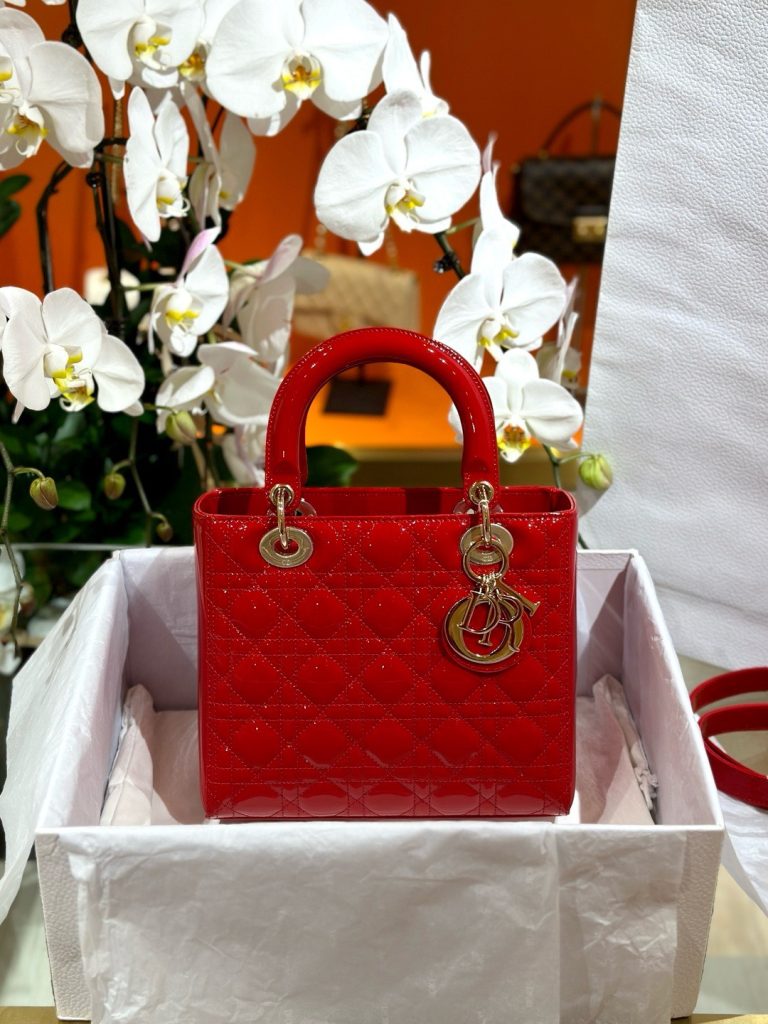 Dior Lady Best Replica Bags Womens Glossy Red Sheepskin 24cm (2)