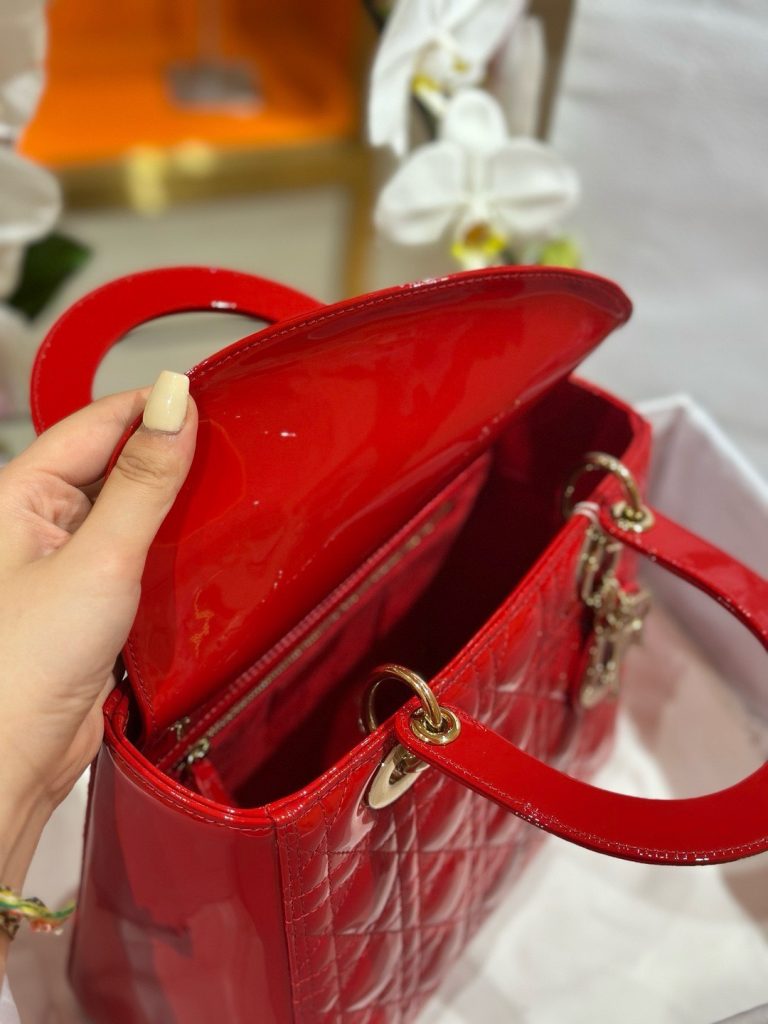 Dior Lady Best Replica Bags Womens Glossy Red Sheepskin 24cm (2)