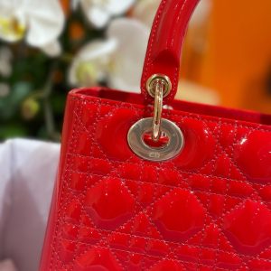 Dior Lady Best Replica Bags Womens Glossy Red Sheepskin 24cm (2)