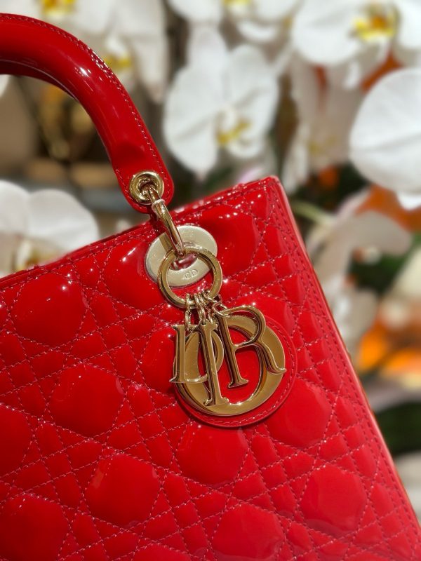 Dior Lady Best Replica Bags Womens Glossy Red Sheepskin 24cm (2)