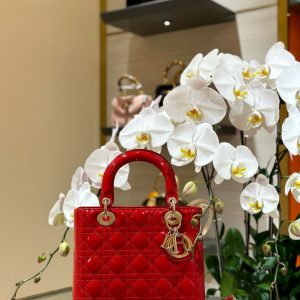 Dior Lady Best Replica Bags Womens Glossy Red Sheepskin 24cm (2)