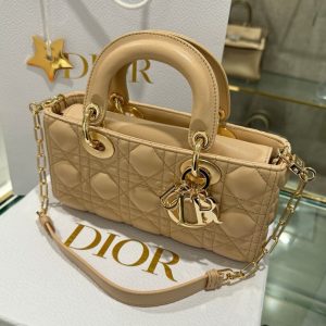 Dior Lady D-Joy Replica Bags Womens Beige Lock Gold 22cm (2)