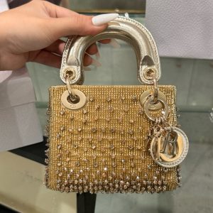 Dior Lady Mini Women Stone Engagement Replica Bags Lock Rose Gold 12cm (2)
