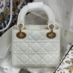 Dior Lady Womens Best Replica Bags White Glossy Leather Lock Gold 17cm (2)