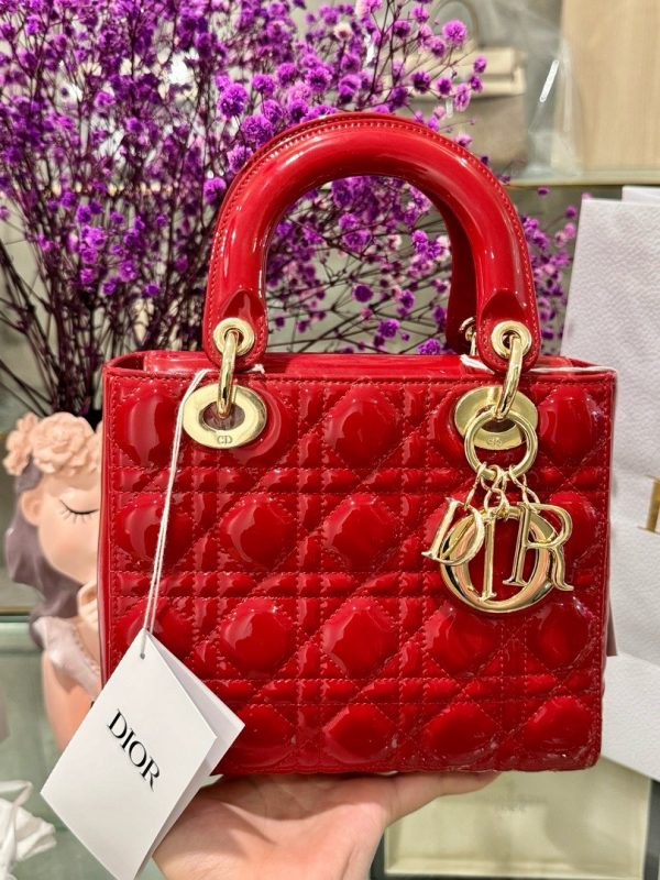 Dior Lady Womens Red Glossy Leather Replica Bags 20cm (2)