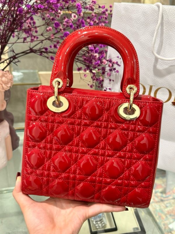 Dior Lady Womens Red Glossy Leather Replica Bags 20cm (2)