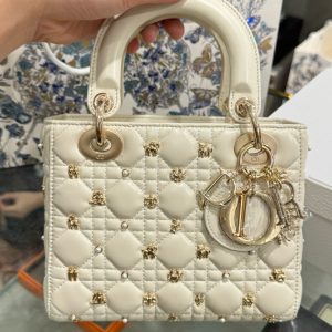 Dior Lady Womens White Replica Bags Lock Rose Gold 20cm (2)