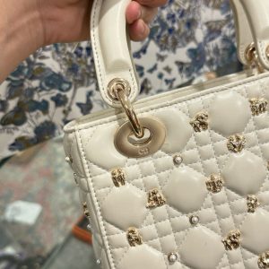 Dior Lady Womens White Replica Bags Lock Rose Gold 20cm (2)