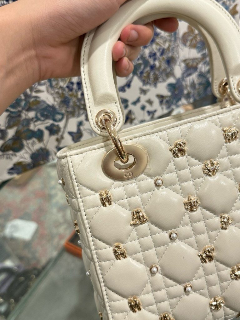 Dior Lady Womens White Replica Bags Lock Rose Gold 20cm (2)