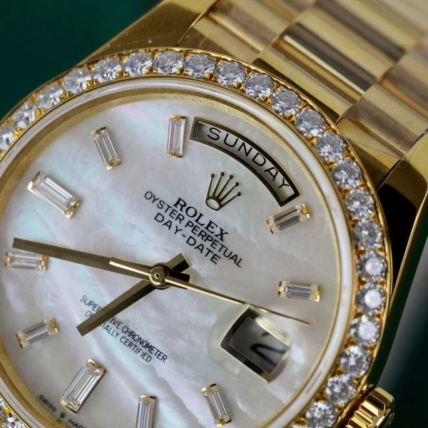 Rolex Best Replica Day-Date Gold Wrapped MOP & Moissanite Diamonds Dial GM 40mm (12)