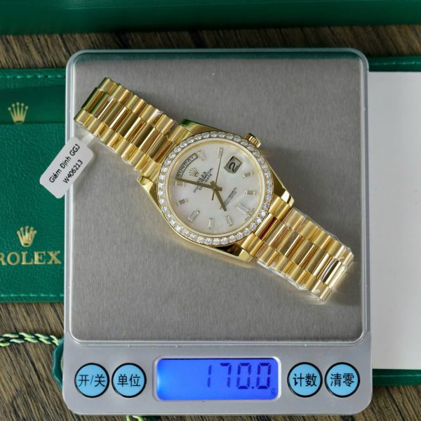 Rolex Best Replica Day-Date Gold Wrapped MOP & Moissanite Diamonds Dial GM 40mm (6)