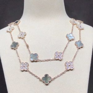 Van Cleef & Arpels Alhambra Necklace 20 Motifs Custom Natural Diamond Mother Of Pearl 18K Gold (2)