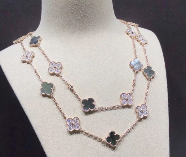 Van Cleef & Arpels Alhambra Necklace 20 Motifs Custom Natural Diamond Mother Of Pearl 18K Gold (2)