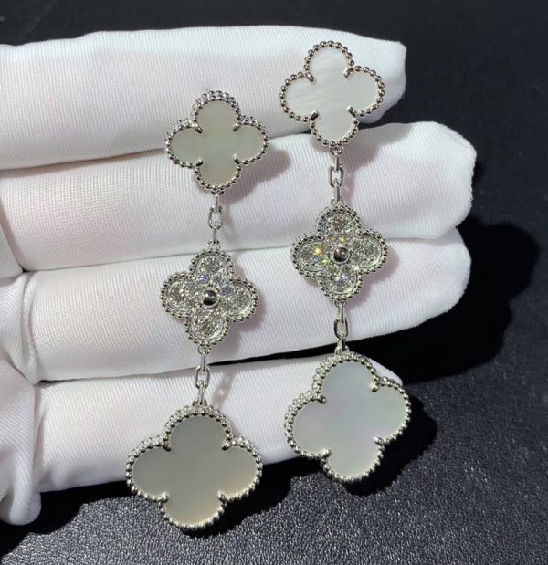 Van Cleef & Arpels Magic Alhambra Earring Custom Natural Diamond Mother Of Pearl 18K White Gold (2)