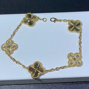 Van Cleef & Arpels Vintage Alhambra 5 Motifs Bracelet Custom Natural Diamond 18K Gold (2)