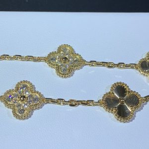 Van Cleef & Arpels Vintage Alhambra 5 Motifs Bracelet Custom Natural Diamond 18K Gold (2)