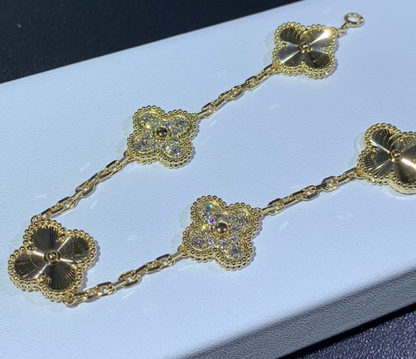 Van Cleef & Arpels Vintage Alhambra 5 Motifs Bracelet Custom Natural Diamond 18K Gold (2)