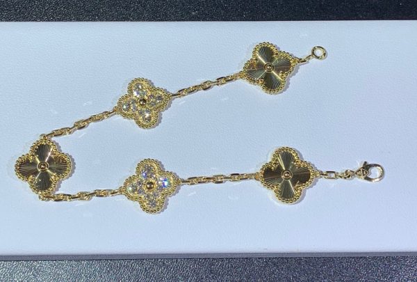 Van Cleef & Arpels Vintage Alhambra 5 Motifs Bracelet Custom Natural Diamond 18K Gold (2)