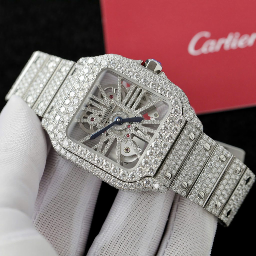 Cartier Santos Large Skeleton WHSA0015 Replica Watch Custom Full Moissanite Diamonds 39 (2)