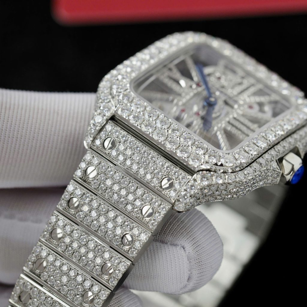 Cartier Santos Large Skeleton WHSA0015 Replica Watch Custom Full Moissanite Diamonds 39 (2)