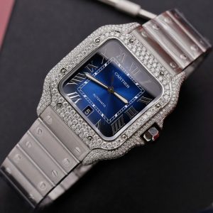 Cartier Santos Replica Watch Dial Blue Custom Moissanite Diamonds 39 (2)