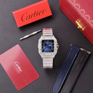 Cartier Santos Replica Watch Dial Blue Custom Moissanite Diamonds 39 (2)