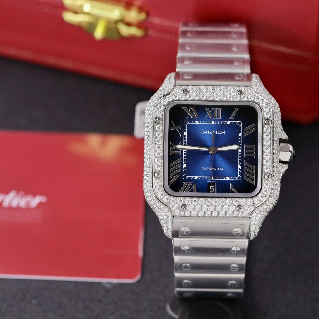 Cartier Santos Replica Watch Dial Blue Custom Moissanite Diamonds 39 (2)