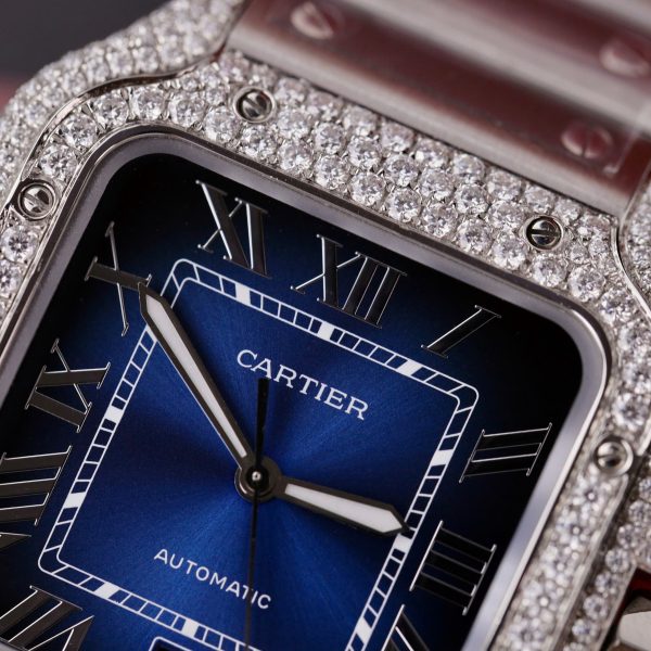 Cartier Santos Replica Watch Dial Blue Custom Moissanite Diamonds 39 (2)