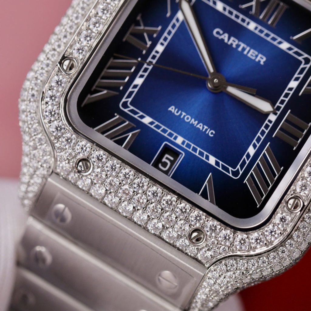 Cartier Santos Replica Watch Dial Blue Custom Moissanite Diamonds 39 (2)