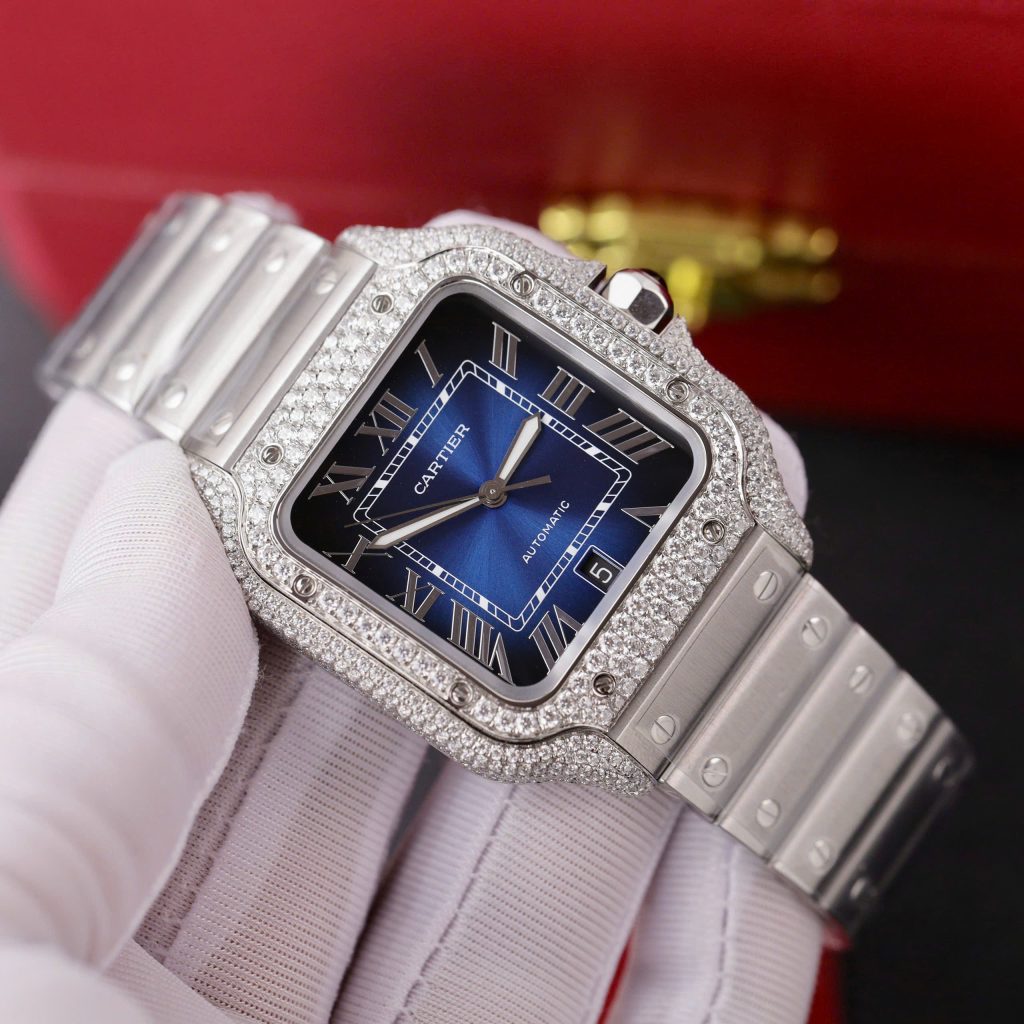 Cartier Santos Replica Watch Dial Blue Custom Moissanite Diamonds 39 (2)