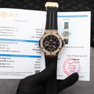 Hublot Big Bang Chronograph King Gold Black Dial Replica Watch Custom Moissanite Diamonds 44mm (2)