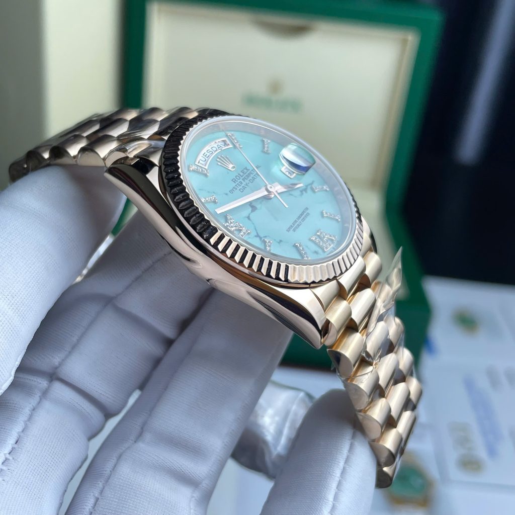 Rolex Day-Date 128238 Dial Turquoise Replica Watch Custom Gold Wrapped Weight 135gram 36mm (2)