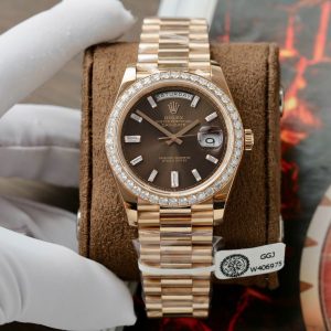 Rolex Day-Date Replica Watch Gold Wrapped Moissanite Diamonds Chocolate Dial GMF 40mm (10)