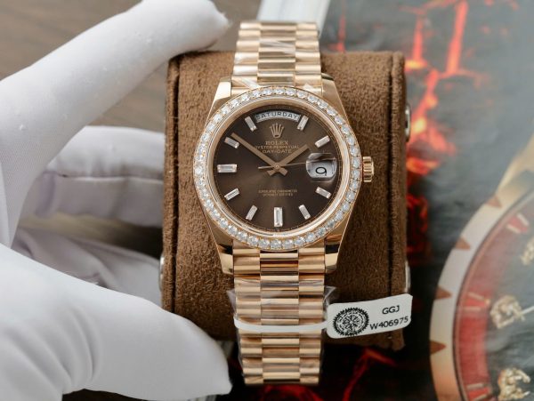 Rolex Day-Date Replica Watch Gold Wrapped Moissanite Diamonds Chocolate Dial GMF 40mm (10)