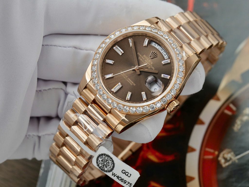 Rolex Day-Date Replica Watch Gold Wrapped Moissanite Diamonds Chocolate Dial GMF 40mm (10)