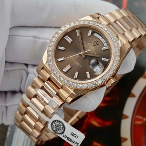 Rolex Day-Date Replica Watch Gold Wrapped Moissanite Diamonds Chocolate Dial GMF 40mm (10)