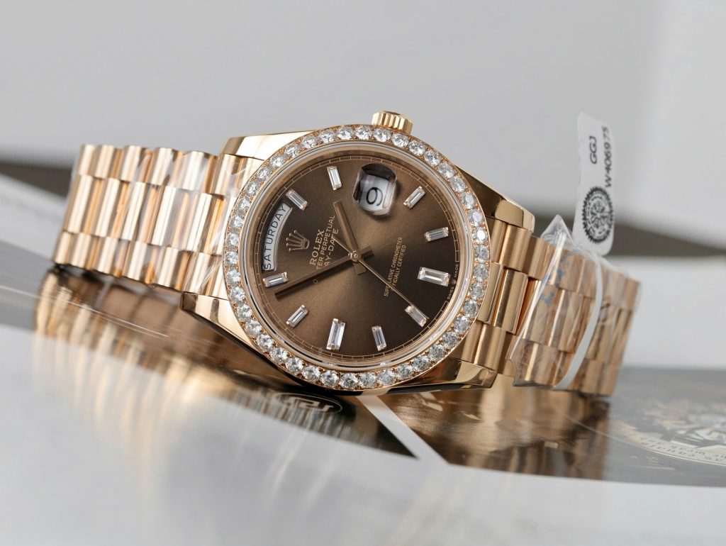 Rolex Day-Date Replica Watch Gold Wrapped Moissanite Diamonds Chocolate Dial GMF 40mm (10)