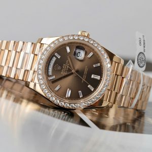 Rolex Day-Date Replica Watch Gold Wrapped Moissanite Diamonds Chocolate Dial GMF 40mm (10)