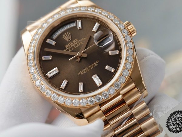 Rolex Day-Date Replica Watch Gold Wrapped Moissanite Diamonds Chocolate Dial GMF 40mm (10)